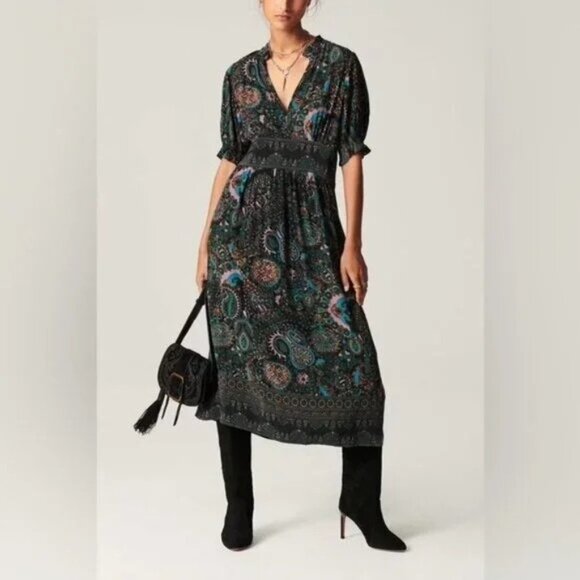 Ba sh Womens Dress Size 8 Black Zael Panelled Waist Paisley Midi Pure Viscose - Picture 10 of 11